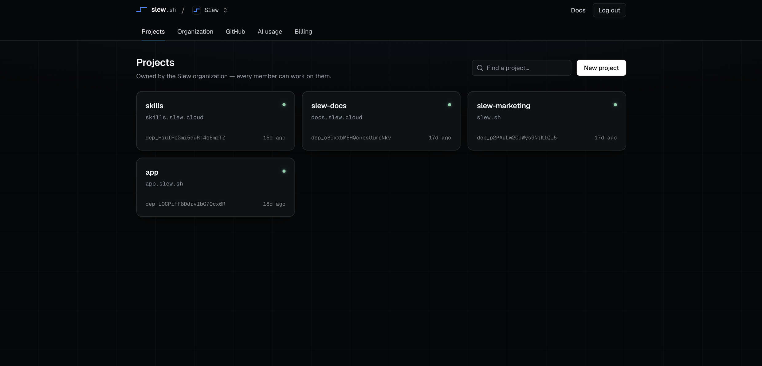 The slew dashboard listing four live projects — skills, slew-docs, slew-marketing and app — each showing its domain and most recent deployment.
